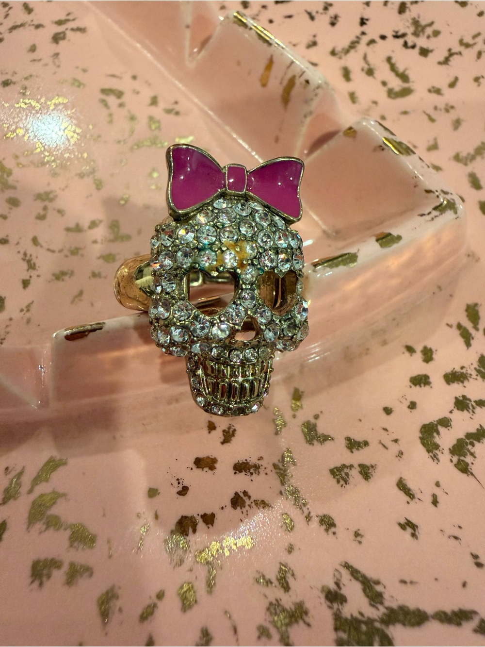 Betsey Johnson Crystal Skull Ring with Pink Bow Fashion Accessory